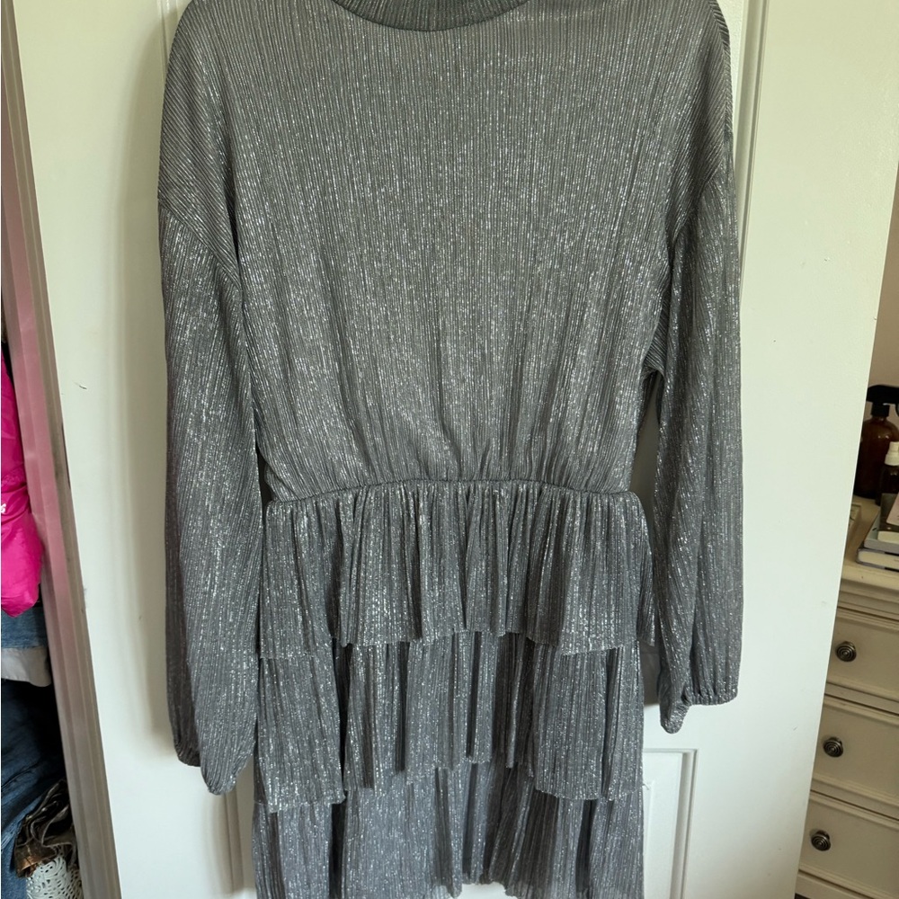 Silver Long Sleeve Tiered Dress